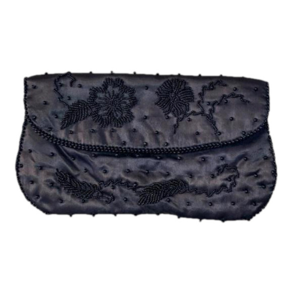 Vintage Black Satin Beaded Evening Bag Foldover Flap EUC